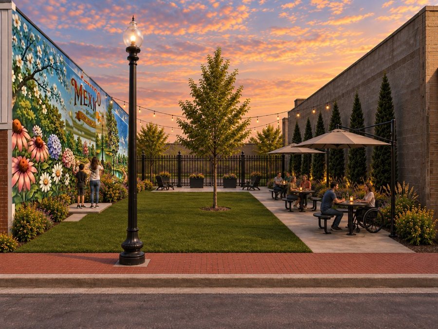 Visualization of the selected pocket-park design with an open lawn, mural walk, canopied seating, layered planting, and the mural rendering.