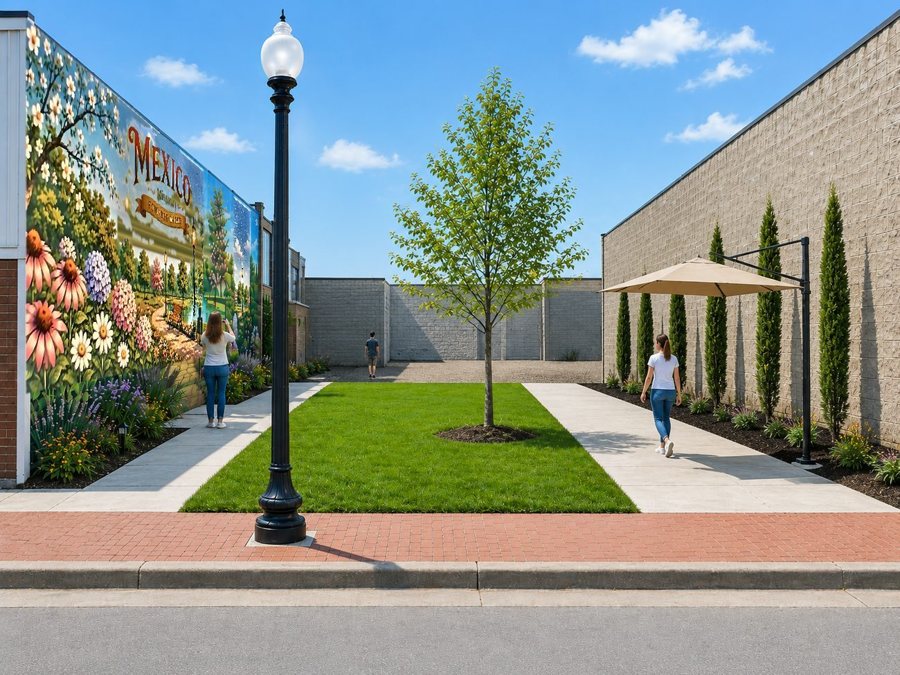 Phase 1 visualization of the courtyard with one canopy, central lawn, young tree, mural planting, and minimal furnishings.