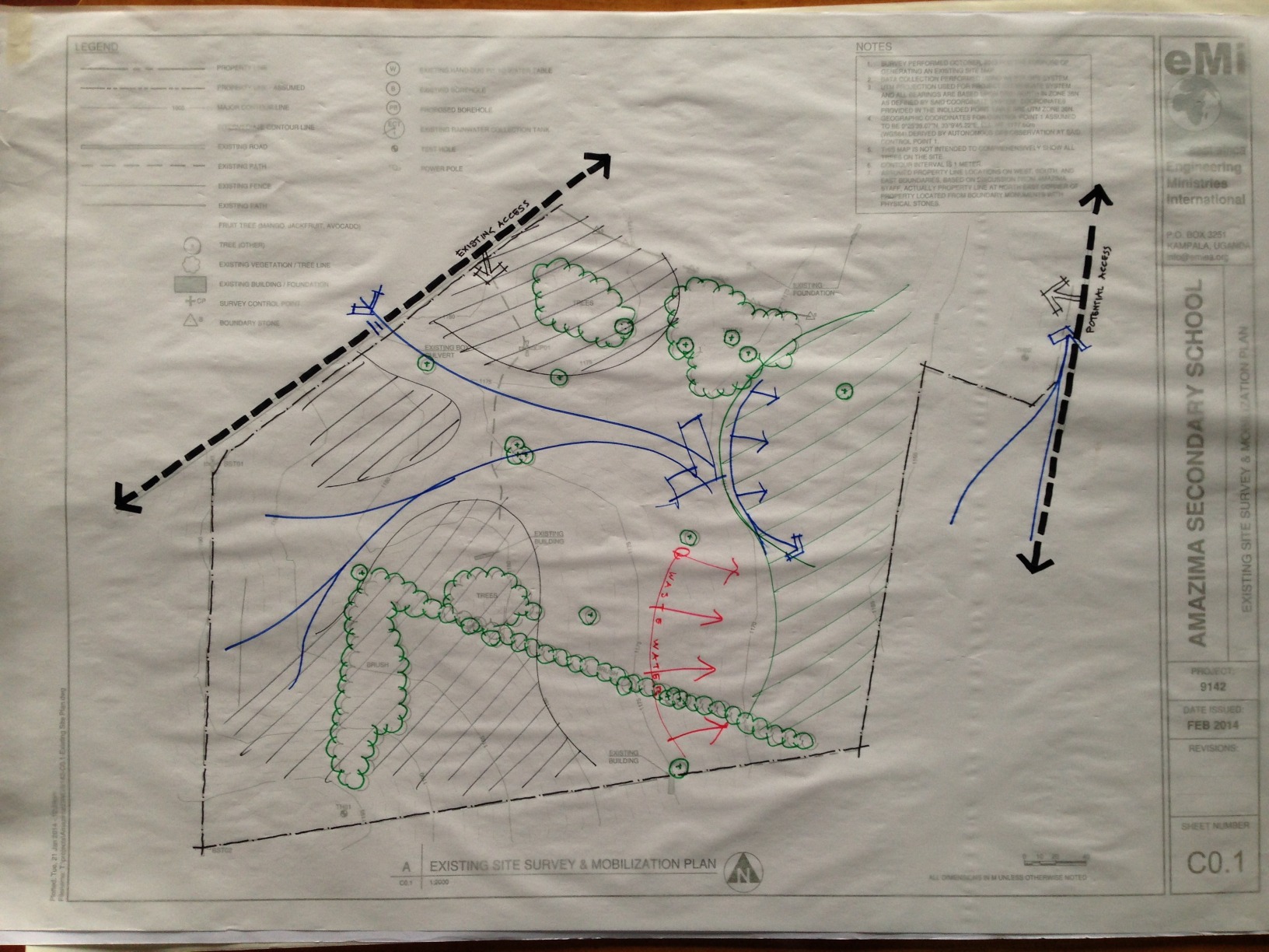 Hand-annotated site survey from the Amazima campus design