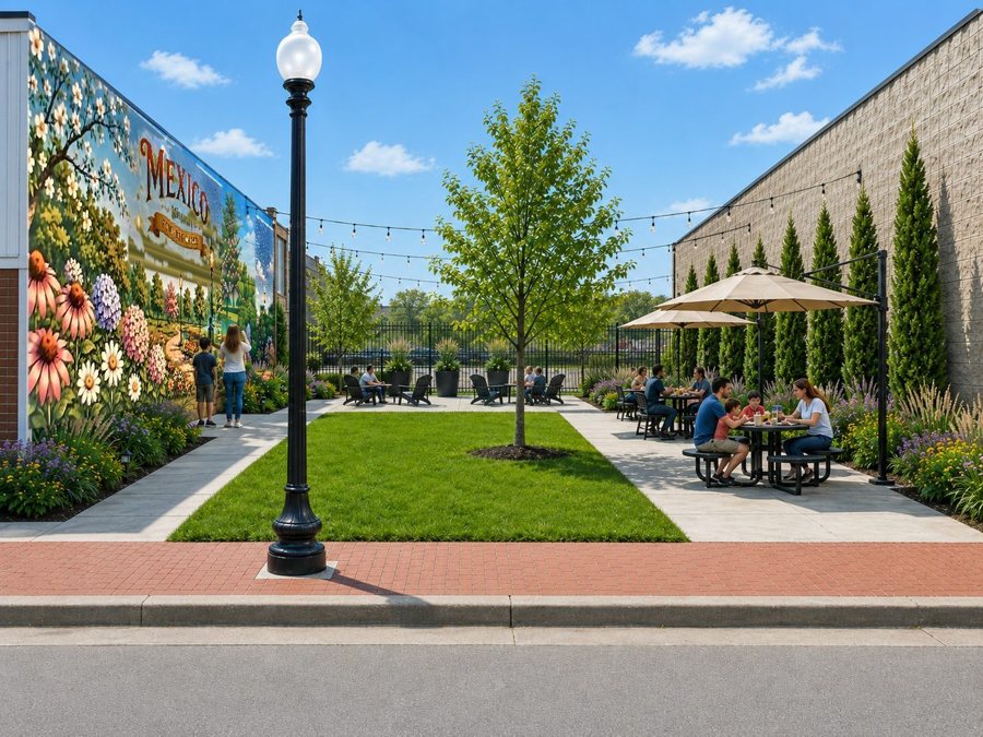 Phase 2 visualization with two canopies, tables, mural walk, string lights, expanded planting, and an open metal fence.