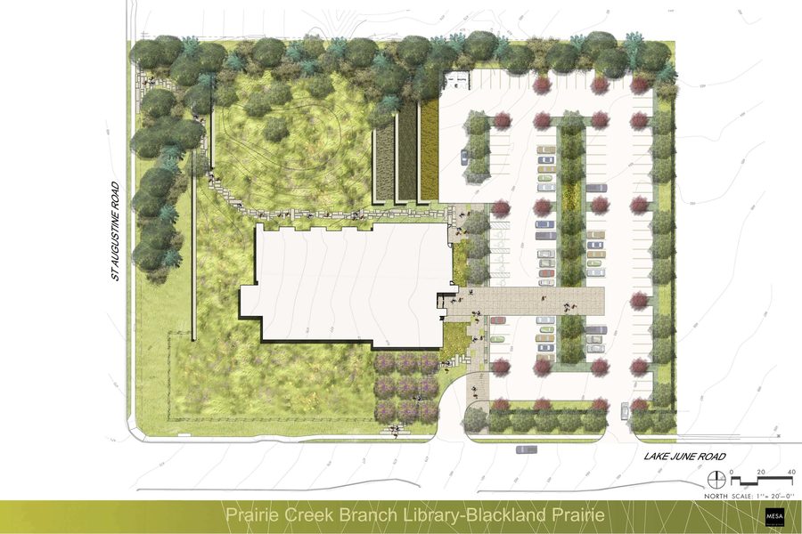 Rendered site plan for the Prairie Creek Branch Library landscape.