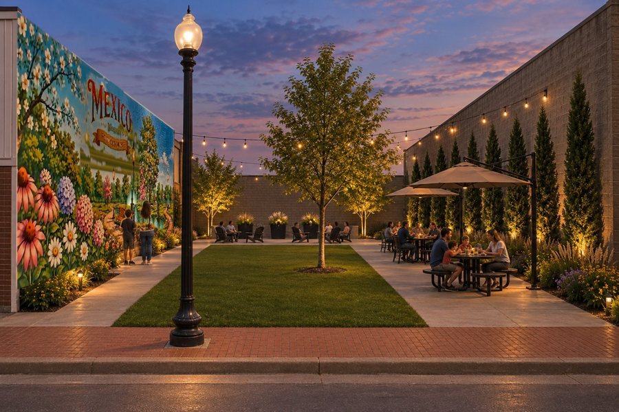 Dusk visualization of a narrow downtown courtyard with the mural rendering, central lawn, shade canopies, seating, trees, and string lighting.