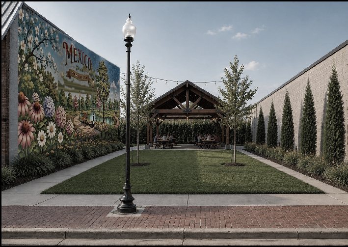 Alternative courtyard visualization with a large timber pavilion closing the far end of the lot.
