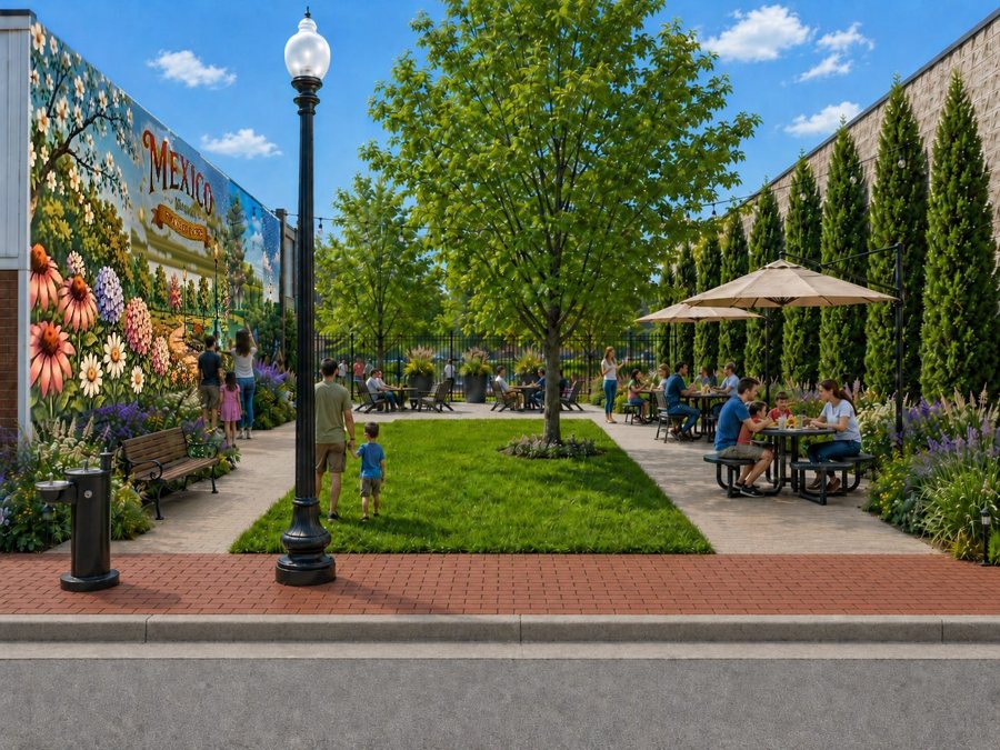 Mature courtyard visualization with a shaded central lawn, grown-in planting, seating, families, and a drinking fountain.