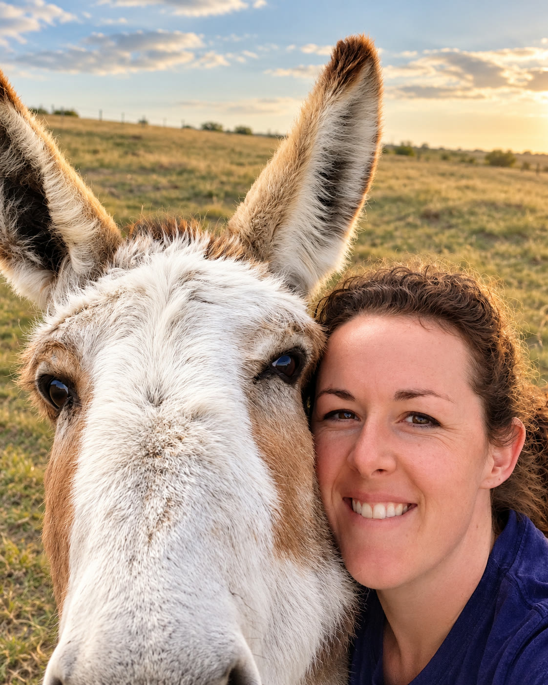 Monica cheek to cheek with a donkey in a pasture at sunset
